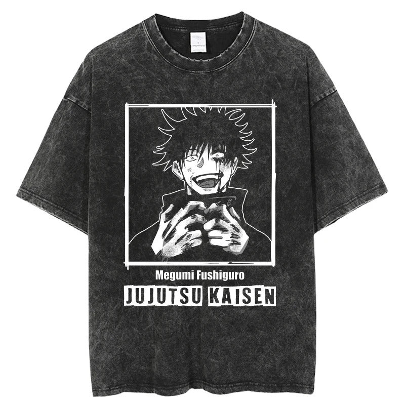 Summer Jujutsu Kaisen Anime Print T-Shirt Vintage Washed Cotton Short Sleeve Top