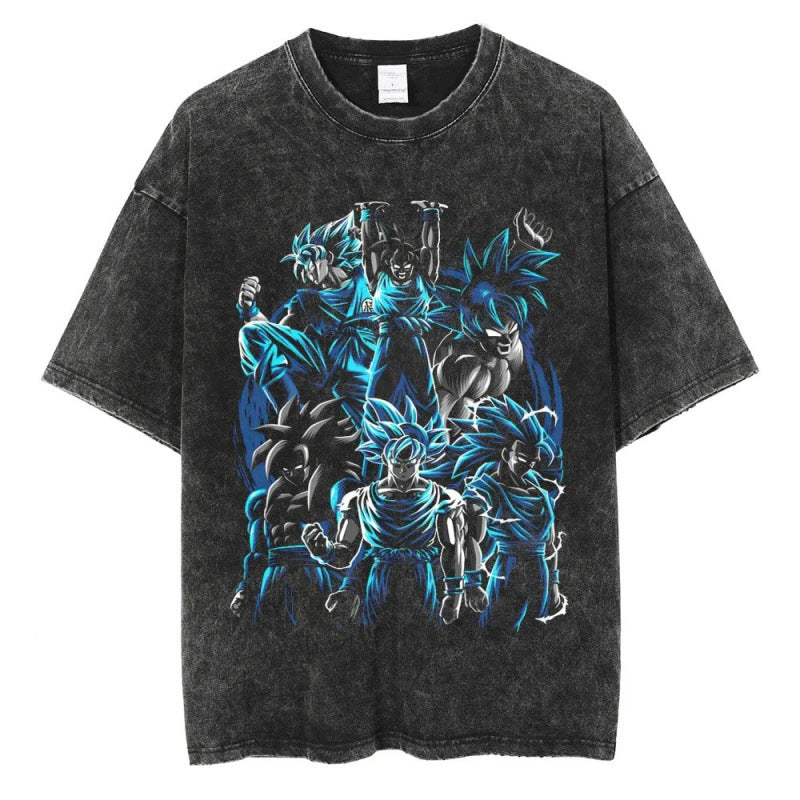 Summer Dragon Ball Anime Vegeta Pattern Printed T-Shirt Summer Cotton Washed Vintage Short Sleeve