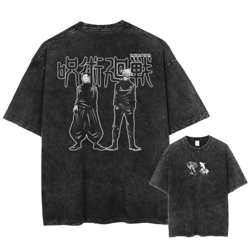 Summer Anime Jujutsu Kaisen Character Pattern Printed T-Shirt Cotton Washed Vintage Short Sleeve