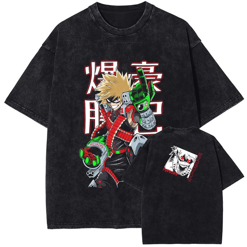 Summer My Hero Academia Bakugo Katsuki Printed T-Shirt Vintage Washed Cotton Short Sleeve