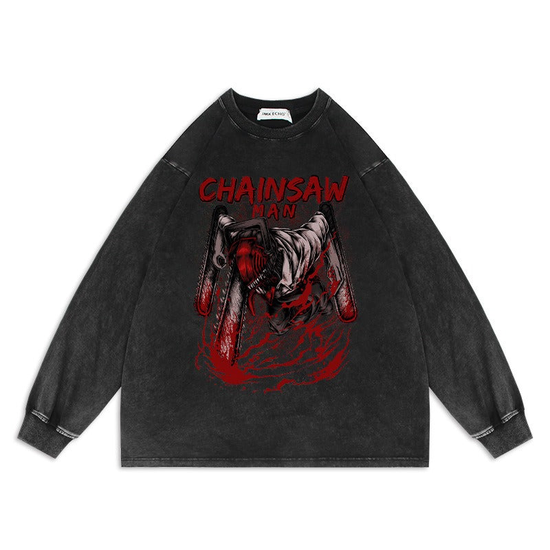 Chainsaw Man Anime Washed Old Sweater Electric Oversize Magima American High Street Cartoon Top