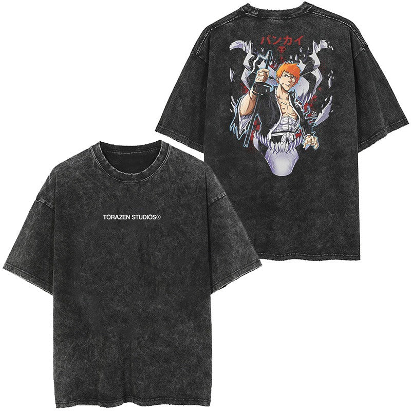 Japanese classic Naruto anime oversize high street vintage water washed wax dyed short sleeved T-shirt