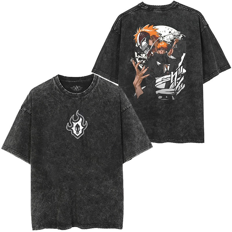 Japanese classic Naruto anime oversize high street vintage water washed wax dyed short sleeved T-shirt