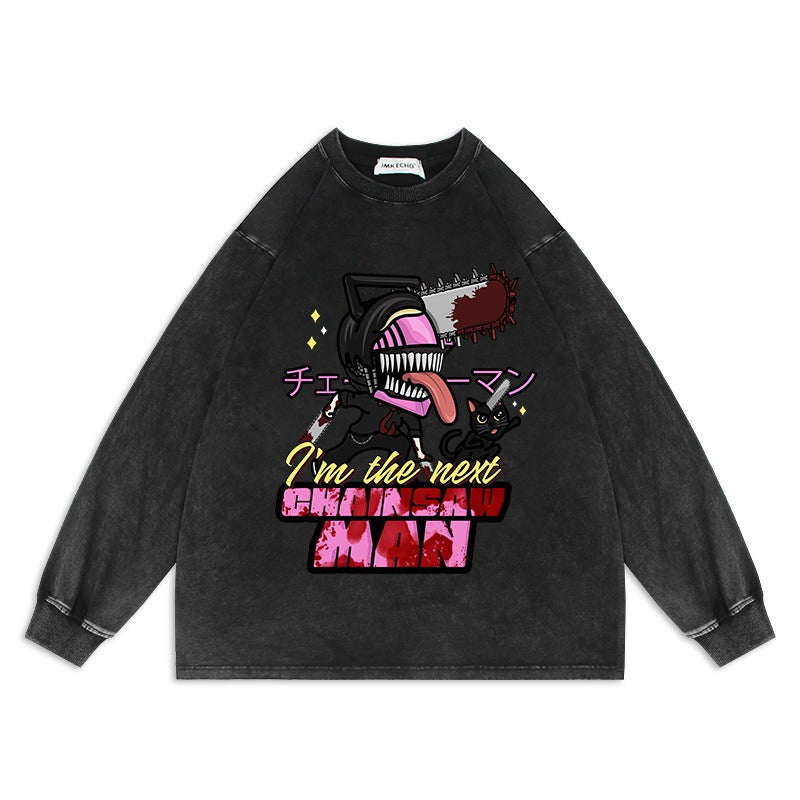 Chainsaw Man Anime Washed Old Sweater Electric Oversize Magima American High Street Cartoon Top
