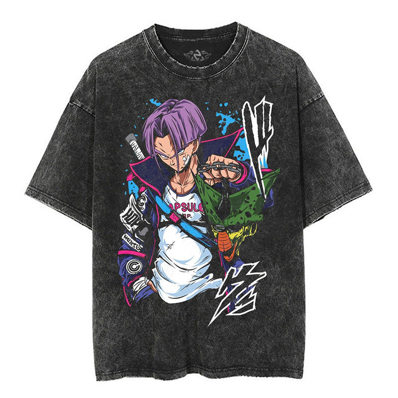 Classic Dragon Ball Cartoon Anime Oversize High Street Vintage Washed Distressed Short Sleeve T-Shirt Trendy Cotton