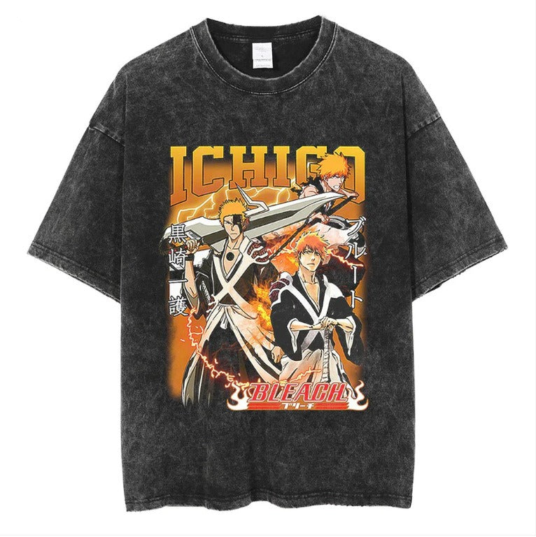 Naruto Japanese Anime Cartoon Oversize High Street Vintage Washed Wax Dyed Direct Spray Printed T-shirt
