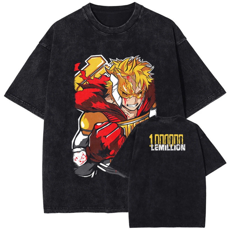 Summer My Hero Academia Bakugo Katsuki Printed T-Shirt Vintage Washed Cotton Short Sleeve