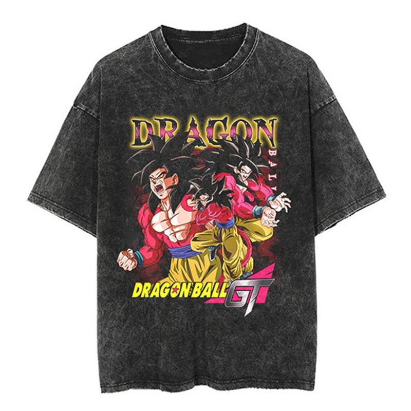 Classic Dragon Ball Cartoon Anime Oversize High Street Vintage Washed Distressed Short Sleeve T-Shirt Trendy Cotton