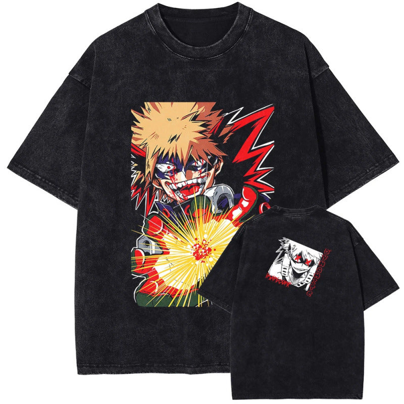Summer My Hero Academia Bakugo Katsuki Printed T-Shirt Vintage Washed Cotton Short Sleeve