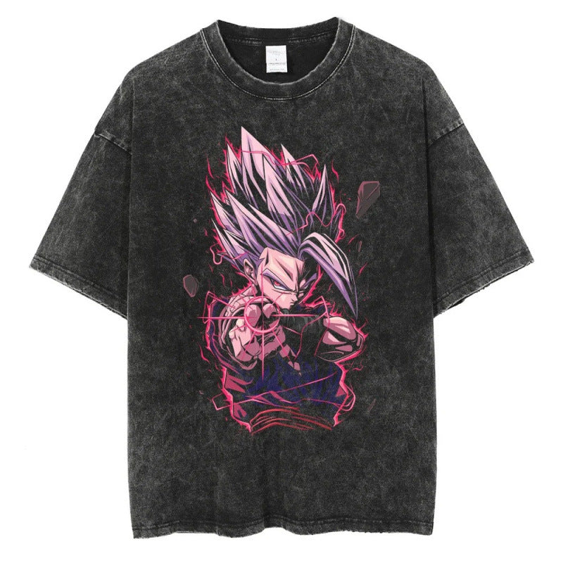 Summer Dragon Ball Anime Vegeta Pattern Printed T-Shirt Summer Cotton Washed Vintage Short Sleeve