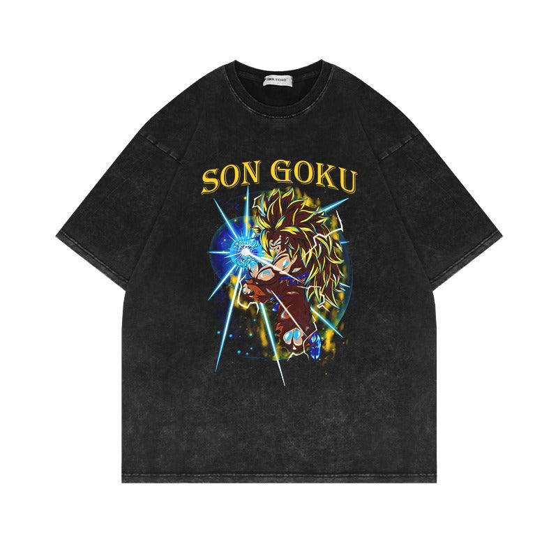 280G Heavyweight Washed Old Vintage Short Sleeve T Shirt Seven Dragon Ball Anime American Oversize High Street Half Sleeve T