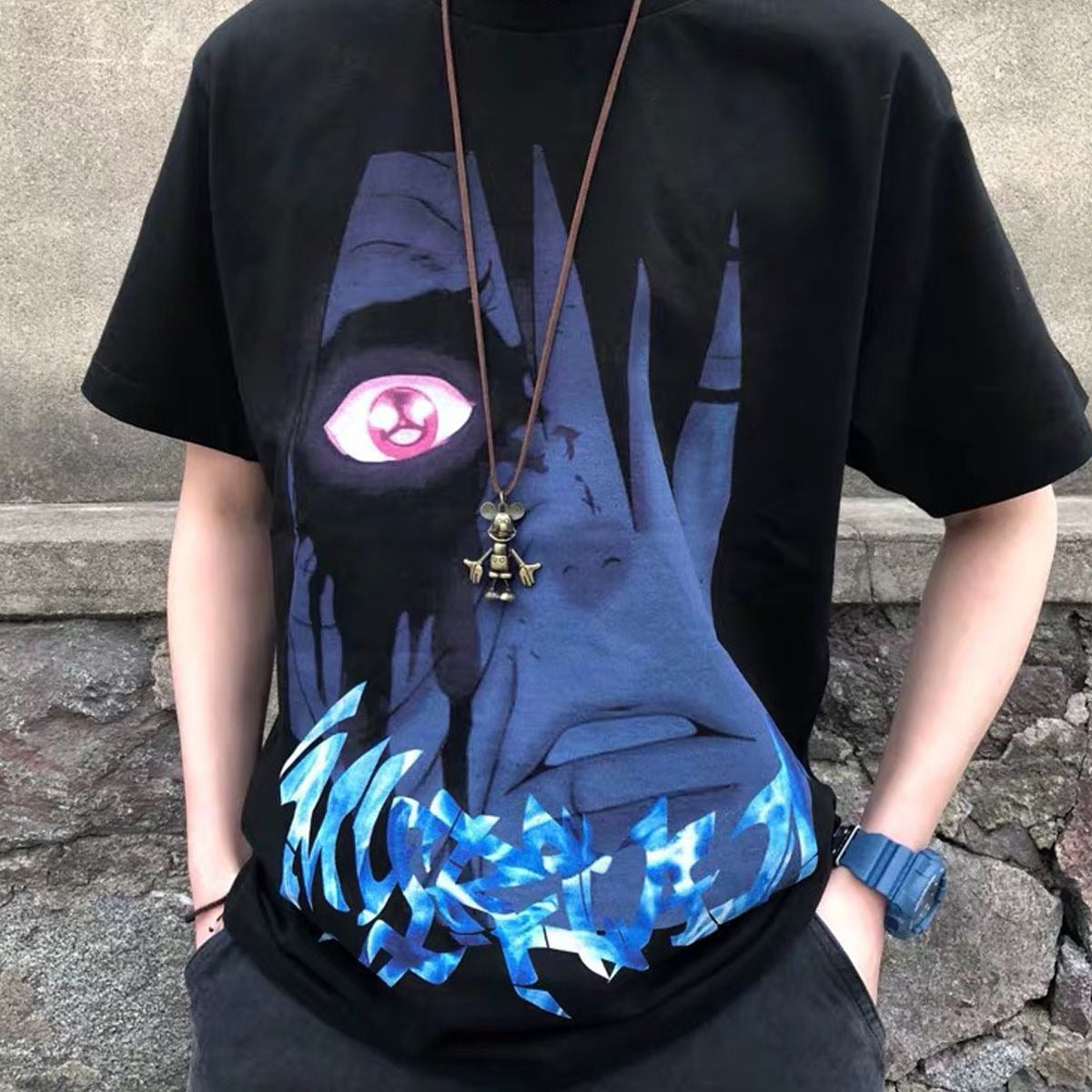 INS Diablo Naruto Uchibo with Earth Anime Print Loose Short sleeved T-shirt for Men and Women Short sleeved Couple