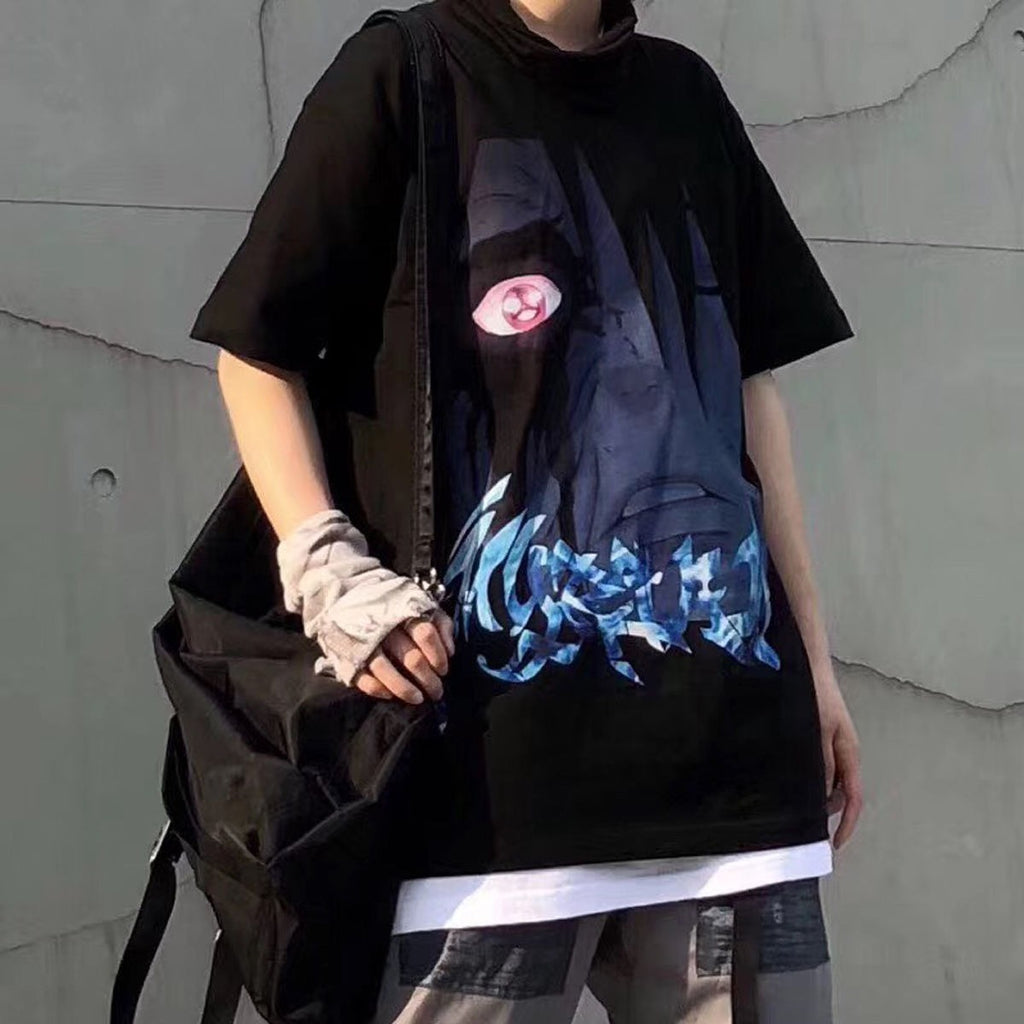 INS Diablo Naruto Uchibo with Earth Anime Print Loose Short sleeved T-shirt for Men and Women Short sleeved Couple