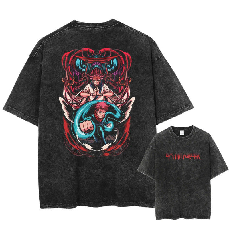 Summer Anime Jujutsu Kaisen Character Pattern Printed T-Shirt Cotton Washed Vintage Short Sleeve