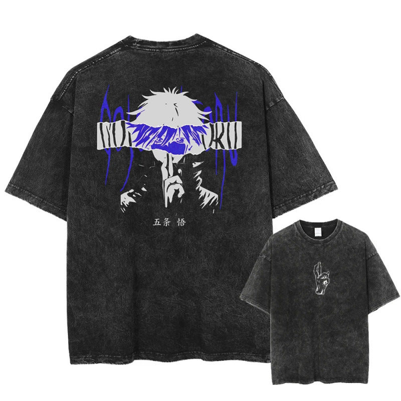 Summer Anime Jujutsu Kaisen Character Pattern Printed T-Shirt Cotton Washed Vintage Short Sleeve