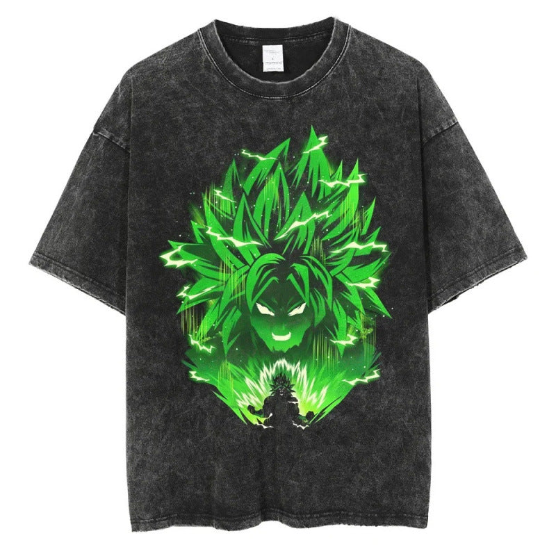 Summer Dragon Ball Anime Pattern Printed T-Shirt Casual Cotton Washed Vintage Short Sleeve Tee