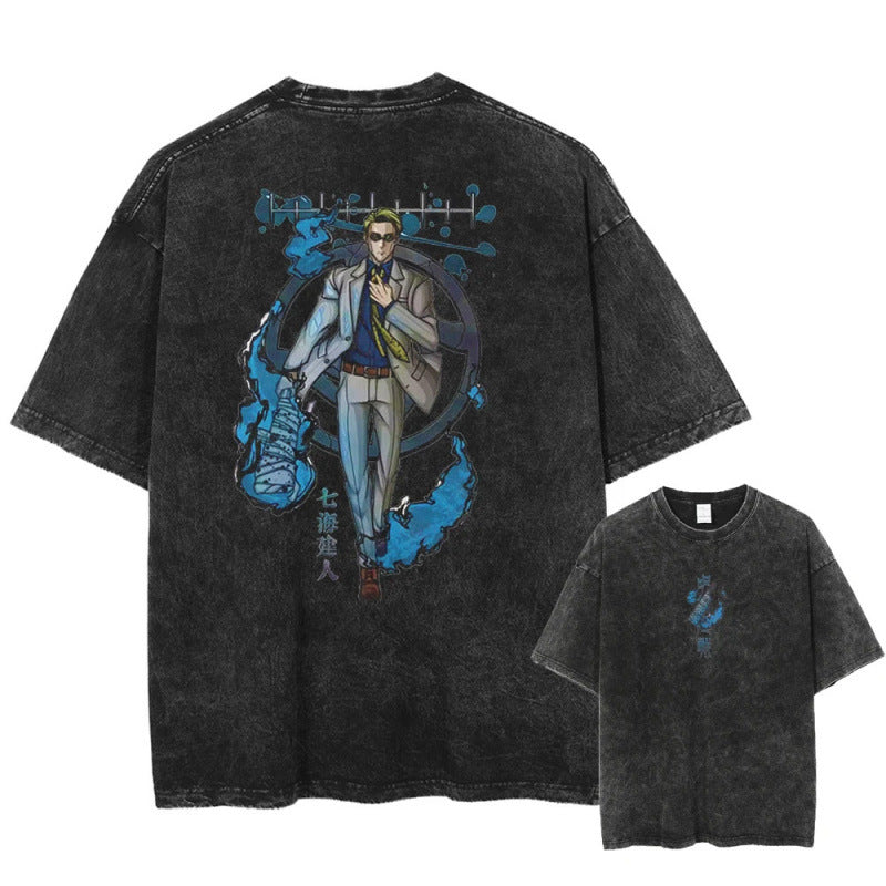 Summer Anime Jujutsu Kaisen Character Pattern Printed T-Shirt Cotton Washed Vintage Short Sleeve