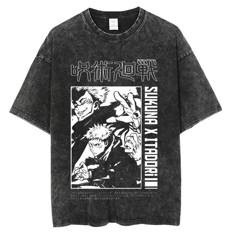 Summer Jujutsu Kaisen Anime Print T-Shirt Vintage Washed Cotton Short Sleeve Top