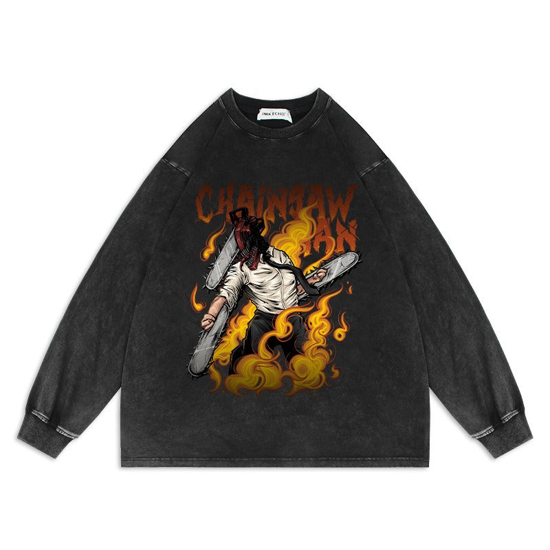 Chainsaw Man Anime Washed Old Sweater Electric Oversize Magima American High Street Cartoon Top