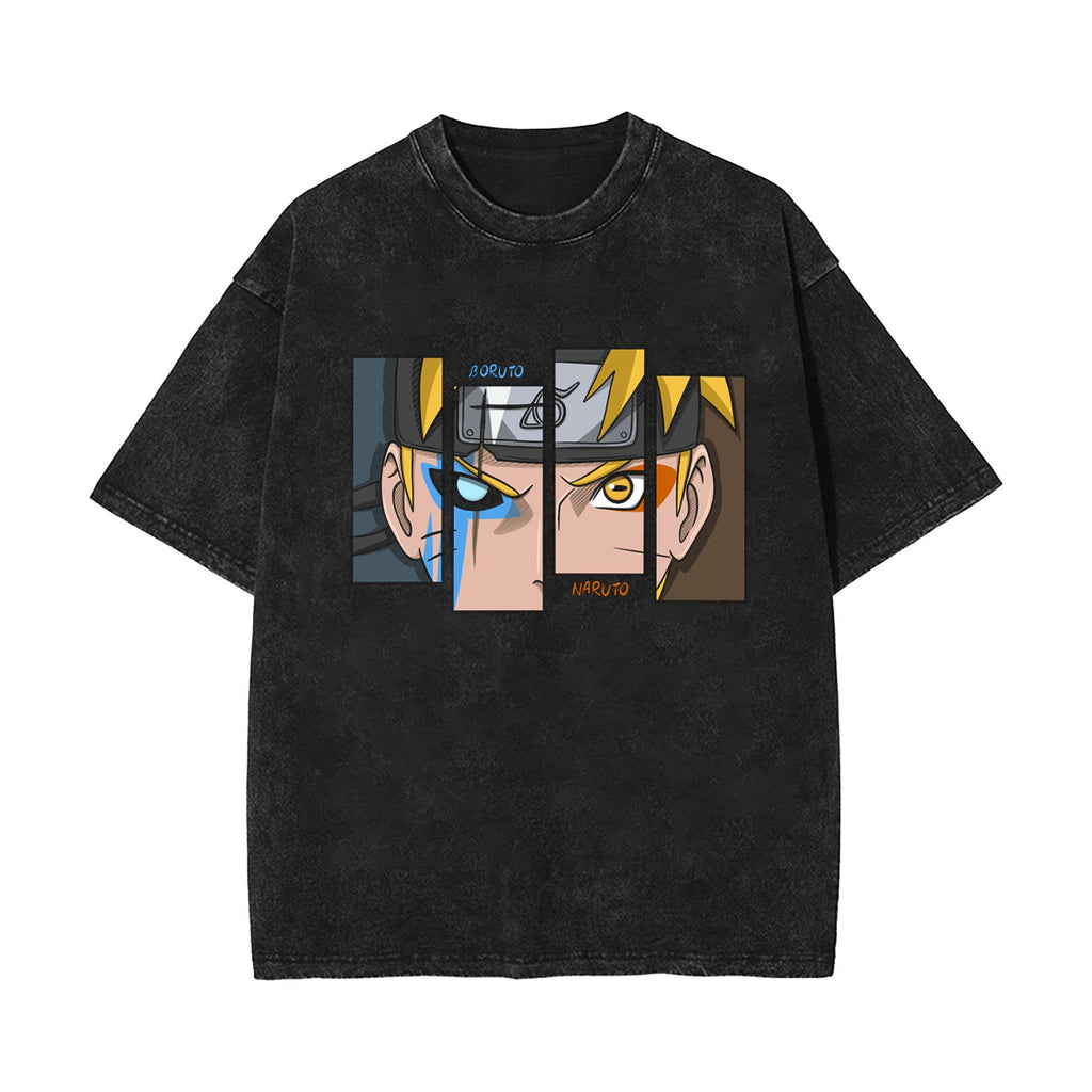 New summer anime Naruto Sasuke European and American washed vintage short sleeved T-shirt