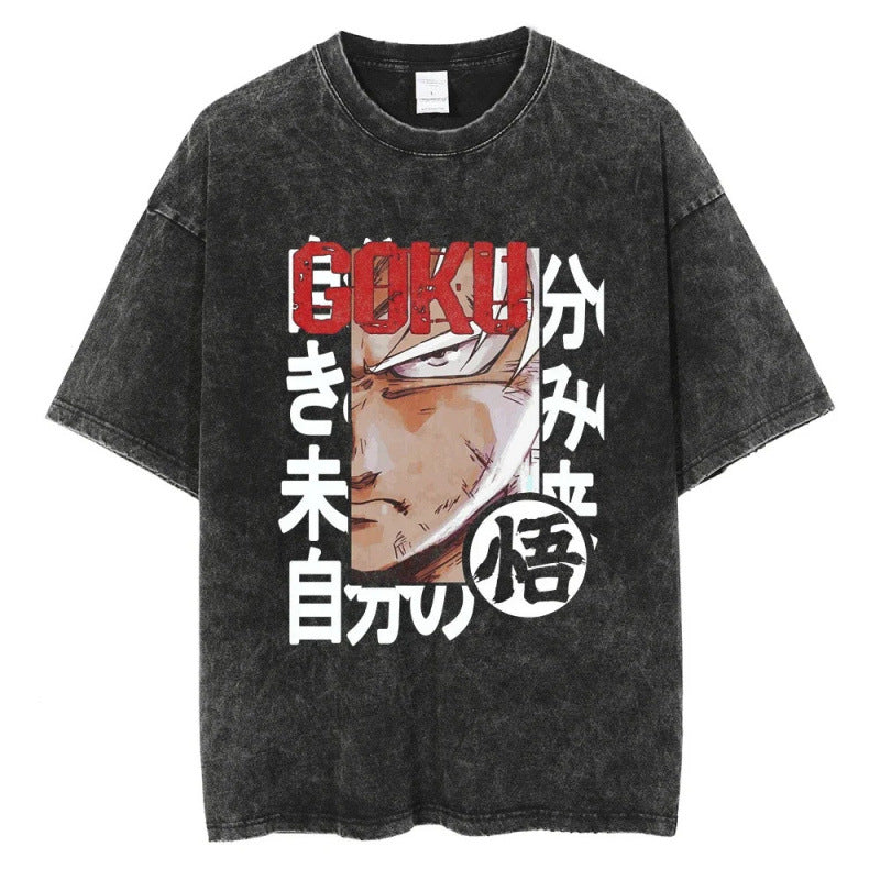 Summer Dragon Ball Anime Vegeta Pattern Printed T-Shirt Summer Cotton Washed Vintage Short Sleeve