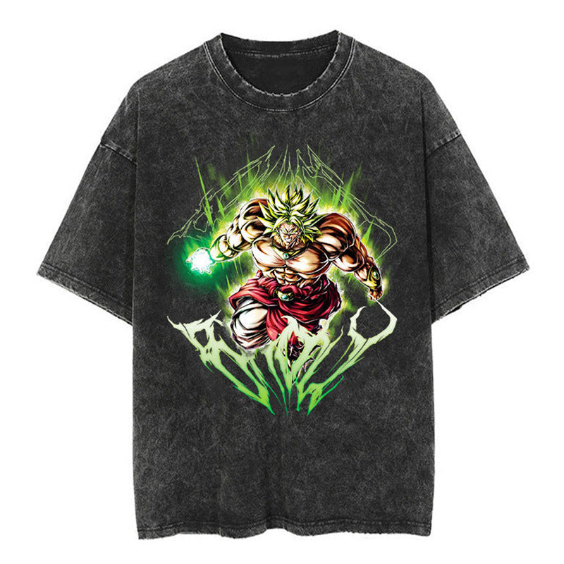 Classic Dragon Ball Cartoon Anime Oversize High Street Vintage Washed Distressed Short Sleeve T-Shirt Trendy Cotton