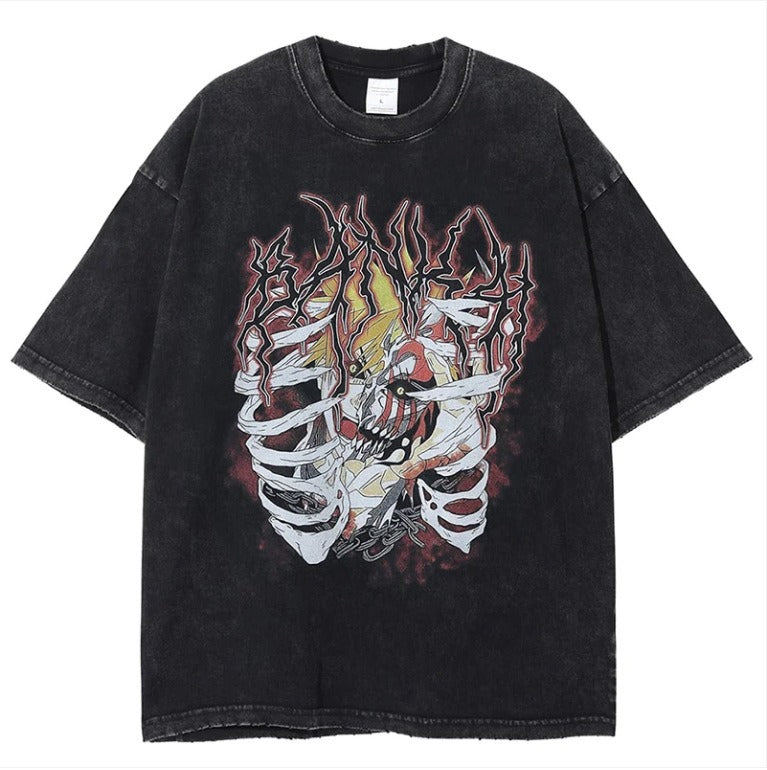 Naruto Japanese Anime Cartoon Oversize High Street Vintage Washed Wax Dyed Direct Spray Printed T-shirt