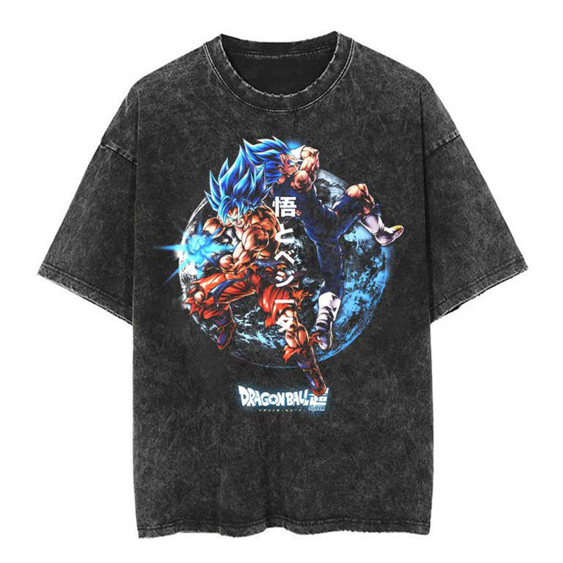 Classic Dragon Ball Cartoon Anime Oversize High Street Vintage Washed Distressed Short Sleeve T-Shirt Trendy Cotton