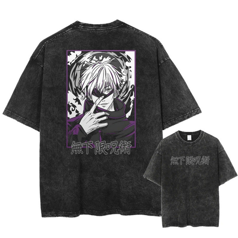 Summer Anime Jujutsu Kaisen Character Pattern Printed T-Shirt Cotton Washed Vintage Short Sleeve