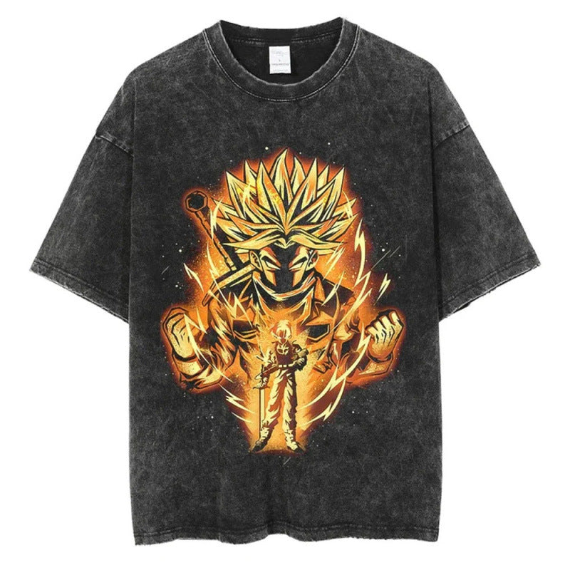Summer Dragon Ball Anime Pattern Printed T-Shirt Casual Cotton Washed Vintage Short Sleeve Tee
