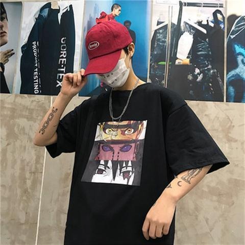 INS Diablo Naruto Uchibo with Earth Anime Print Loose Short sleeved T-shirt for Men and Women Short sleeved Couple