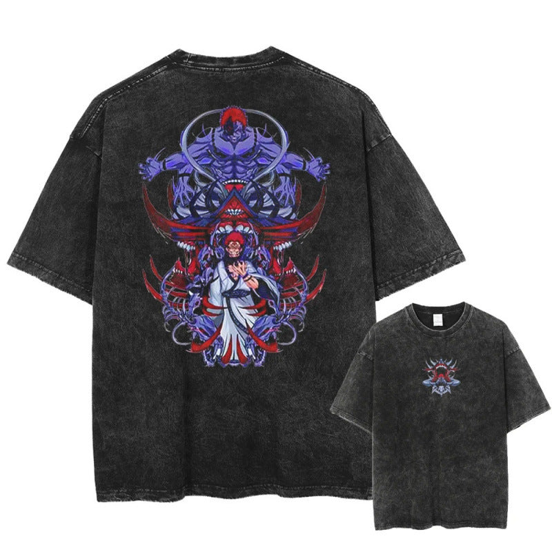 Summer Anime Jujutsu Kaisen Character Pattern Printed T-Shirt Cotton Washed Vintage Short Sleeve