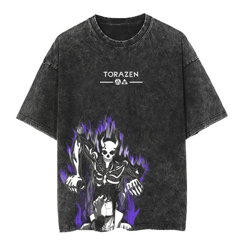 Japanese classic Naruto anime oversize high street vintage water washed wax dyed short sleeved T-shirt