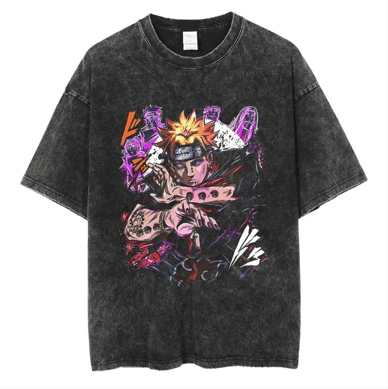 Naruto Japanese Anime Cartoon Oversize High Street Vintage Washed Wax Dyed Direct Spray Printed T-shirt