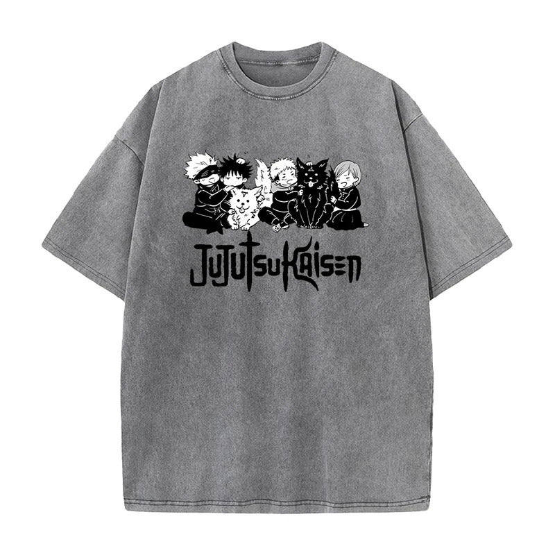 Jujutsu Kaisen Anime Print T-Shirt Summer Cotton Washed Top Vintage Distressed Short Sleeve
