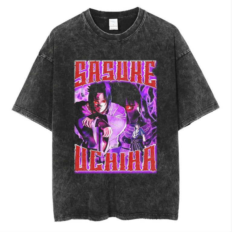 Naruto Japanese Anime Cartoon Oversize High Street Vintage Washed Wax Dyed Direct Spray Printed T-shirt